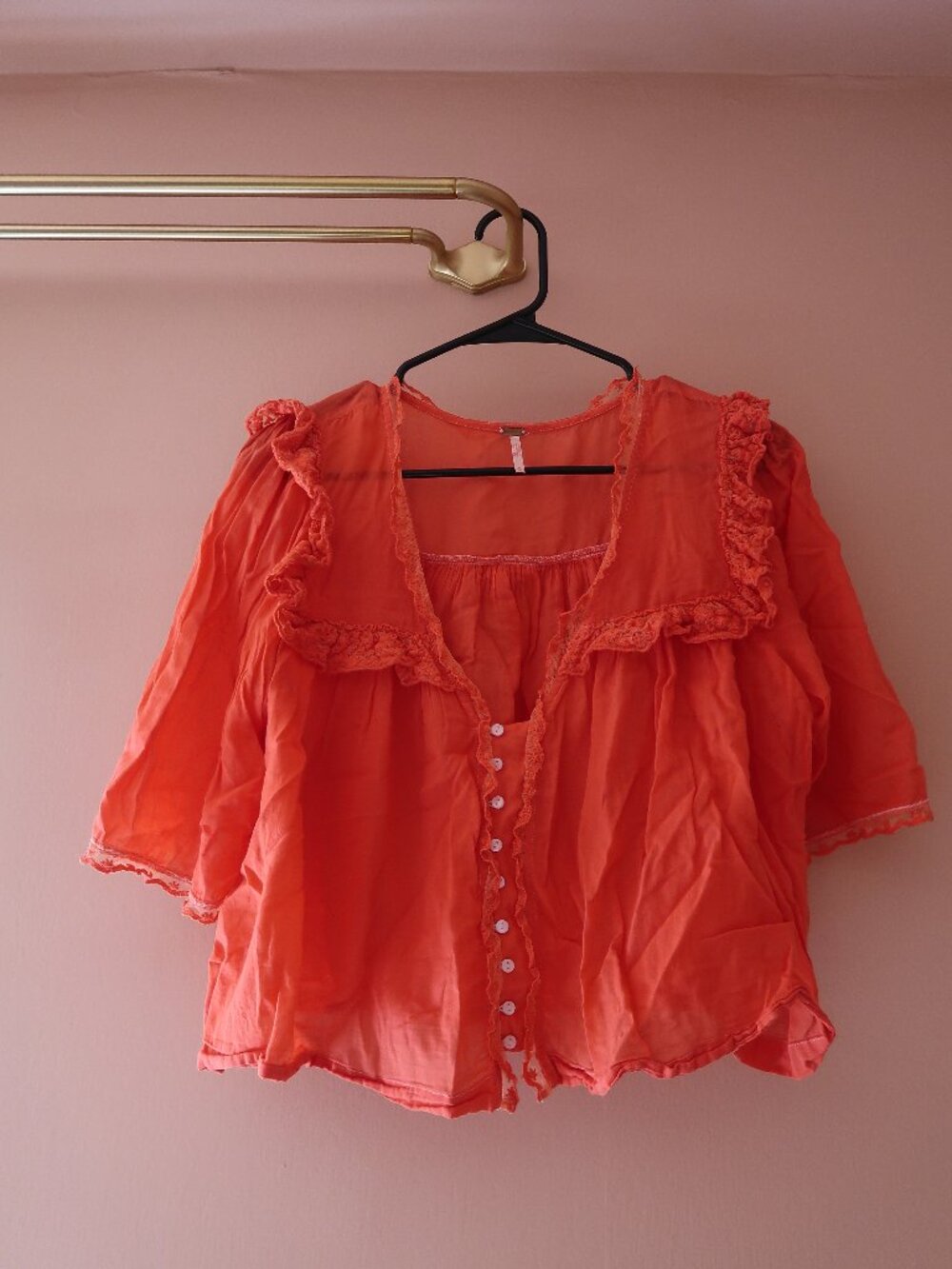 Free People Luna Top M Coral Dyed Ruffle Sheer Button Front Blouse